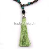 Original Natural Turquoise Wood Beads Elastic String Volcanic Rock Long Tassel Necklace thumbnail-2