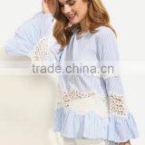 Blouses Latest Fashion Design Women Clothing Blue Striped Hollow Insert Bell Sleeve Blouse thumbnail-1