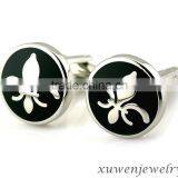 Black Enamel Fleur de Lis Patterns Mens Stainless Steel Cufflinks