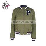 HAODUOYI Women Warm Solid Letter Embroidery Lattice Street Zipper Bomber Jacket thumbnail-1