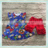 Girls Fashion Clothing Wholesale Back to School Cute Fiutter Sleeves Duck Print Shirt Match Red Ruffle Shorts thumbnail-2