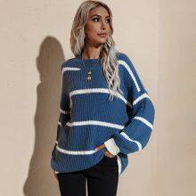 Autumn and Winter New Round Neck Loose Striped Pullover Knitted Sweater thumbnail-1