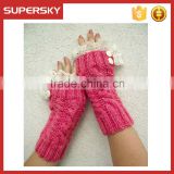 V-58 women fashion lace ruffle cable knit fingerless mittens with buttons short knit arm warmer