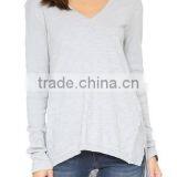 Classic Slubbed Jersey 100% Cotton V Neck Top Long Sleeve Women t Shirt With Split Asymmetrical Hem thumbnail-1