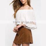 Short Sleeve Plain Textured Woven Women off Shoulder Blouse thumbnail-2