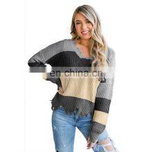 High Quality Winter Colorblock, Distressed Pullover Knit Women Loose Sweater/ thumbnail-3