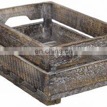 Set of 2 Country Rustic Finish Wood Storage Crate Decorative Tray Carrier Boxes w Handles thumbnail-2