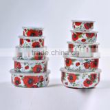 Flower Decal Printing Enamel Storage Food Container Set With Plastic Lids
