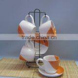 Set of 4 Double Colors Ceramic Custom Mug and Saucer With Rack thumbnail-1
