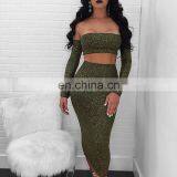 Shiny Party Sexy Dress Women Hollow Out Strapless Tie-up Fashion Dress Fashion Long Sleeve Pleated Dresses Slim Set thumbnail-3