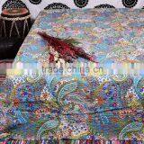 Grey Printed Paisley Kantha Quilt Indian Cotton Bedspread Queen Size Reversible Bed Sheet