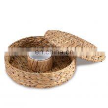 Straw Round Wicker Water Hyacinth Woven Chip & Dip Serving Platter With Bowl Holder and Lid WHolesale Made in Vietnam thumbnail-1