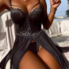 Sexy Feather Lace Deep V Slit Babydoll Loungewear Nightie Lingerie Boudoir Nightgown Women's Nightdress Erotic Chemise thumbnail-4