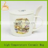 round shape ceramic mug with customized logo, coffee cup with lid and spoon