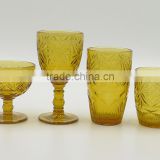 press drinking glass/Wine goblet,Hiball,DOF, sundae cup color glass in Amber with geometric designs emboss