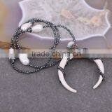 Fashion Drop Pearl Shell Gemstone Necklace, Double Horn Pendant Hematite Beads Necklace thumbnail-4
