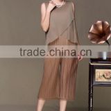 Pleat sleeveless solid women summer pant suits
