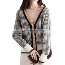 Women Fashion Plaid V Neck Jacquard Merino Wool Korean Style Casual Cardigan Sweater thumbnail-1
