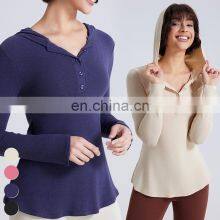 Wholesale Fall Winter T-shirt Long Open Neck Running Shirts Custom Gym Fitness Tops Long Sleeve Hooded T Shirt Women Yoga Top thumbnail-1