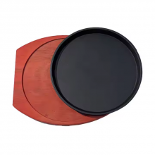 High Quality Cooking Cookware Round 19/21/23/25/27/29 cm Cast Iron Steak Plate Sizzling Grill Pan Wooden Tray Set thumbnail-2