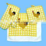 3pc Pigment Printing Towel With Fringe Cheese Holder Set Rooster Design Glove Set thumbnail-2