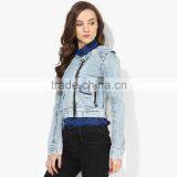 Blue Washed Zipper Denim Jacket Side Double for Women thumbnail-4