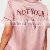 Custom Logo Pink Satin Short Pajama Set With Back Embroideried Button Top With Drawstrings Shorts thumbnail-6