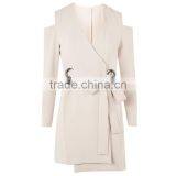 Belted Cold Shoulder Long Sleeve Coat Style Blazer Dress for Women thumbnail-6