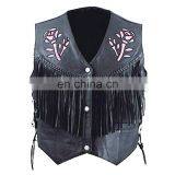 HMB-3561A LEATHER VEST FRINGES ROSE STYLE WAISTCOAT BLACK VESTS