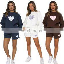 Custom Logo Autumn and Winter Casual Round Neck Women's Clothing Printed Letters Peach Heart Shorts Long-sleeved Sweater Suit thumbnail-2