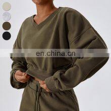 2024 Wholesale Blank Long Sleeve Crop Top V-neck Drop Shoulder Sweatshirts Custom Logo Pullover Sweatshirt For Women thumbnail-1