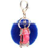 Fashion Rhinestone Car Accessory Keychain With Rabbit Fur Ball