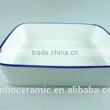 White Blue Line Zakka Style Enamel Ceramic Baking Dish With Handles Rectangular Baking Dish thumbnail-2