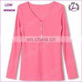 Woman Long Sleeve T-shirt V Neck Custom Cotton T-shirt With Buttons thumbnail-1