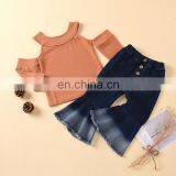 Kids Ribbed O Neck Off-Shoulder Tops Shirts & Denim Jean Flared Pants Casual Outfit Spring Fall Winter Clothes thumbnail-1