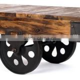 Vintage Industrial Cart Coffee Table with cast iron wheels