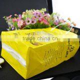 shopping plastic handle bag , yellow printing square bottom side gusset plastic bag with paper card