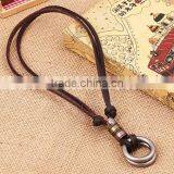 Original Genuine Brown Leather Cord Double Alloy Circle Pendant Punk Jewelry Men Necklace