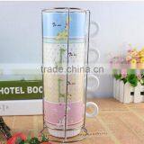 Porcelain 4 Stackable Coffee Mugs With Metallic Rack Set thumbnail-4