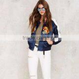 HAODUOYI Women Blue Winter Poppy Writer Bomber Jacket thumbnail-6