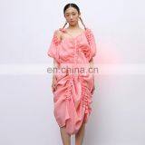 Elegant Irregular Asymmetrical Collar Lantern Sleeve High Waist Drawstring Dress Women thumbnail-2