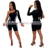 New Women Summer One Shoulder Skew Neck Stripes Reflective Splicing Knee Length Jumpsuit Bodycon Skinny Romper Playsuit thumbnail-1