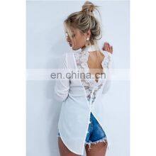 Wholesale Custom Women's Tops New Fashion Western Style Backless Lace Splicing Lapel Long Sleeve Irregular Chiffon Shirt thumbnail-2