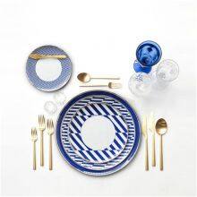 Fine Bone China Dinnerware Modern Art Decor Blue Grid Ceramic Dinner Plate Set Wholesale