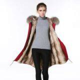 Most Popular Stripe Faux Fur Lining Red Shell Winter Fur Coat
