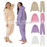 Women Causal Plain Loose 2 Pieces Drawstring Jogger Sweatpants Crop Thick Fleece Hoodie Two Piece Set thumbnail-2