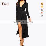 Plain Black Pleated Skirt Long Sleeve Deep v Evening Dress thumbnail-1