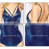 Metallic Foil Snake Print Lattice Women Bodysuit thumbnail-6