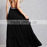 Factory Price Adjustable Tasseled Self-tie Halter Neckline Front V-cut Open Back Flowy Crepe Woven Halter Maxi Dress thumbnail-3