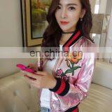 Wholesale Real Sheepskin Baseball Uniform Metallic Pink Leather Jackets thumbnail-4